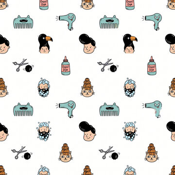 Funny hair salon and barber seamless pattern for graphic design resources, cute hairdressing tools and quirky hairstyles doodle background, AI illustration