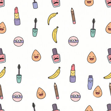 Funny makeup cosmetics seamless pattern for graphic design resources, cute cartoon beauty tools and lipstick doodle background, AI illustration