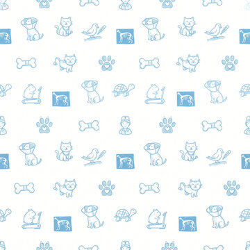 Light blue monochrome veterinary clinic seamless pattern for graphic design resources, cute cartoon sick pets and animal hospital doodle background, AI illustration