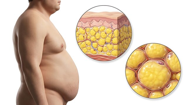 Overweight man with a large belly and a closeup illustration of subcutaneous adipose tissue and fat cells isolated on white background