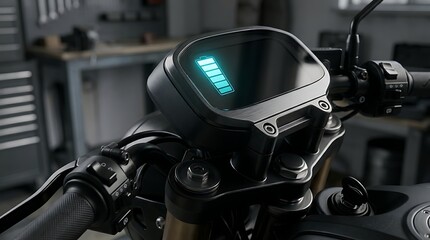 Fototapeta premium Close up of a motorcycle dashboard with a digital battery indicator showing a full charge.
