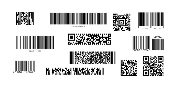 Barcode and qr code graphic elements set. linear short maxicode pdf417 matrix labels and scanning template