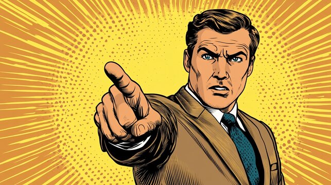 Angry businessman pointing finger at viewer in comic book style.