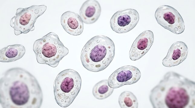 3d illustration of biological cells with nuclei and organelles, isolated on white background