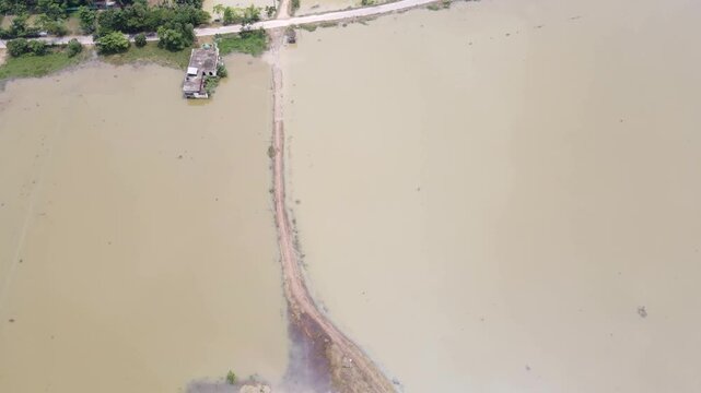 Flood submerged road house aerial drone view muddy water disaster village Bangladesh natural calamity climate change damage.