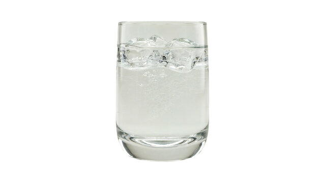 Clear glass filled with sparkling water and ice cubes on transparent