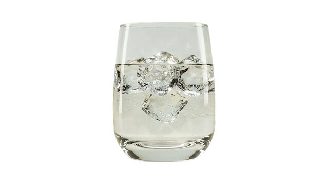 Clear glass filled with sparkling water and ice cubes on transparent background