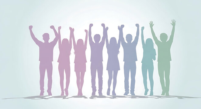 Group of colorful people silhouettes raising hands