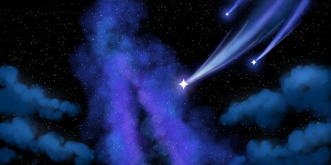 Magical blue and purple starry night background with shooting stars © Miao