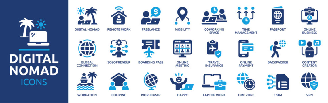 Digital Nomad Icon Set. Remote Work, Freelance, Coworking, Travel, Online Business, Workation, eSIM, VPN, Passport and Global Connectivity Solid Vector Icons Collection.
