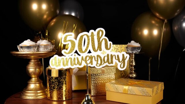Gold 50th Anniversary Wording with Silver Glitter Confetti Sparkles with Gifts Message Text