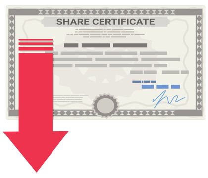 Corporate share certificate with falling red arrow representing stock value decline, capital loss, bear market, and financial equity crash (cut out)