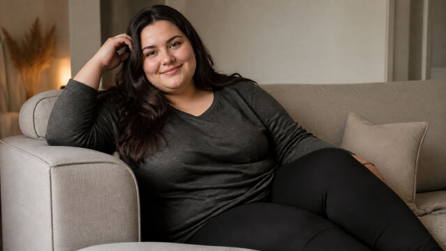 Smiling woman relaxing on sofa at home