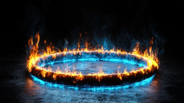 Fiery portal with orange and blue flames surround