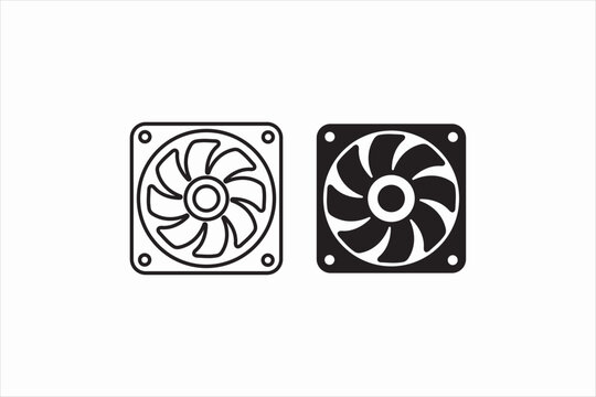 Computer cooling fan icon set in line and solid black style. Vector illustration for PC hardware, processor cooler, and tech concept.