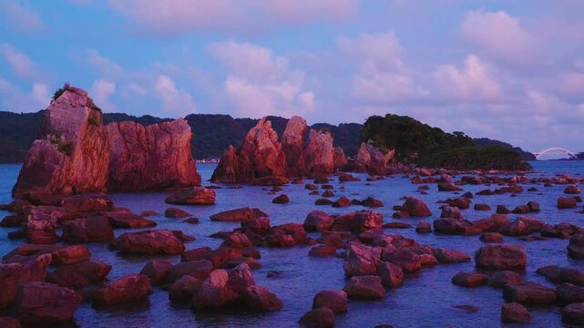 Sunset over Hashigui-iwa Rocks, Wakayama Magmatic Dikes, Japan