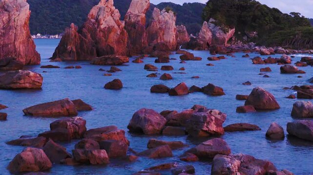 Vibrant Sunset over Hashigui-iwa Rocks, Coastline of Wakayama Japan