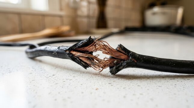 A close up view of a severely frayed and damaged black electrical cable with exposed copper wiring on a white kitchen counter, remaining safely unplugged for safety reasons