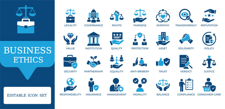 Business ethics and corporate governance vector icon set. Legal compliance, integrity, justice, transparency, anti-bribery, and moral responsibility icons in linear glyph style