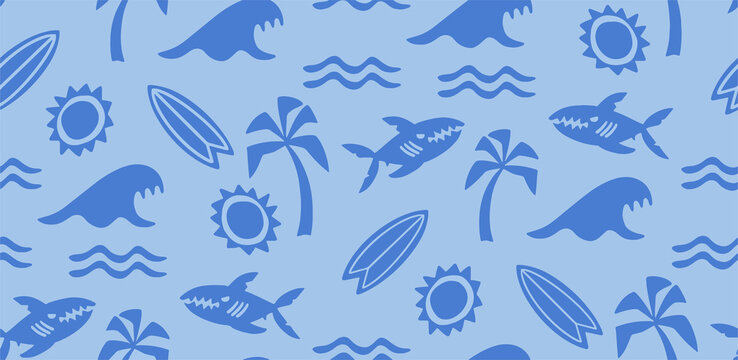 Fun surf pattern with sharks palm trees and waves under a sunny sky