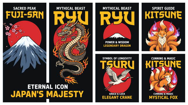 This colorful set features Japanese mythical creatures such as kitsune and ryu, highlighting the cultural allure and significance behind these legendary symbols in art.
