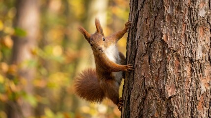Red squirrel climbing a tree in autumn forest © Muna