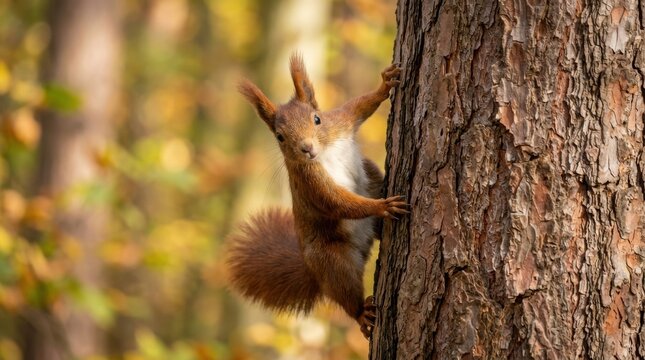 Red squirrel climbing a tree in autumn forest