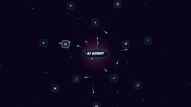 AI Agent concept visualization with interconnected technology nodes and data flow on dark background