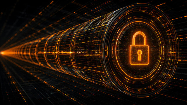 Digital padlock icon in futuristic data stream tunnel