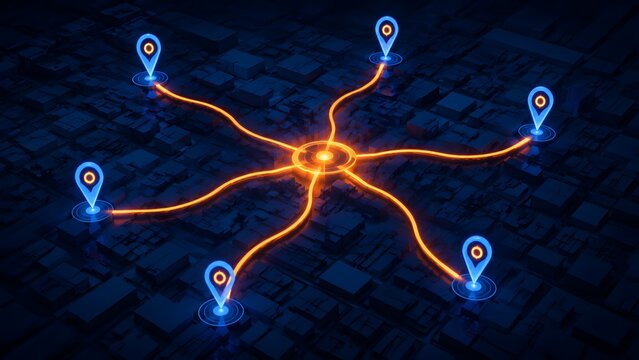 Centralized digital network hub connecting multiple location pins with glowing orange lines representing smart city logistics and data distribution