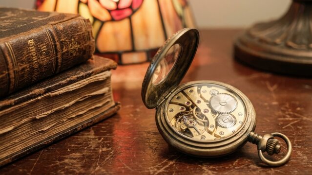 Antique - Vintage pocket watch with exposed mechanism and old books on a wooden table