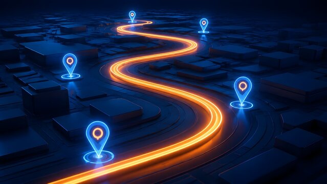Winding digital navigation route connecting blue location pins through a dark urban grid representing logistics tracking and supply chain optimization