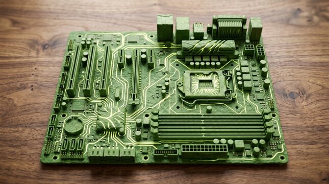 Green Tech Motherboard Made of Leaves and Glowing Circuits