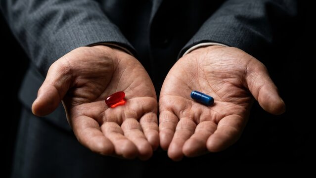 Conceptual - Man offering red and blue pills in both hands