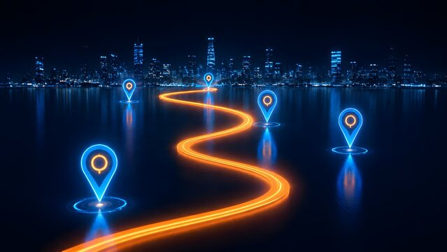 Futuristic city skyline with glowing digital navigation path connecting multiple location pins representing smart logistics and gps tracking