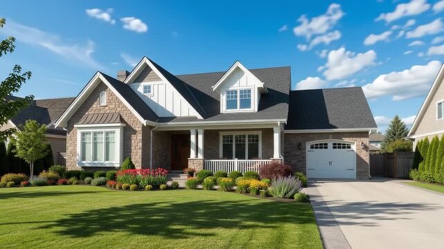 Charming suburban craftsman house with stone facade, dark asphalt shingles, manicured lawn, blooming flower beds, bright blue sky.