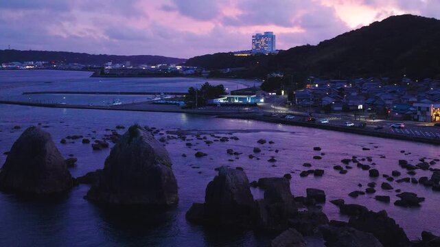 Sunset over Wakayama Coast, Hashigui-iwa Rocks Formation, Japan