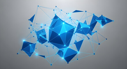 Obraz premium Abstract Blue Geometric Polygonal Network Structure Featuring Glowing Nodes and Interconnected Triangle Shapes for Digital Technology Background