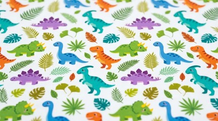 Obraz premium A close up photo of a colorful pattern fabric featuring various cute dinosaur illustrations among tropical leaves and foliage for children textile design, underscoring the cartoon