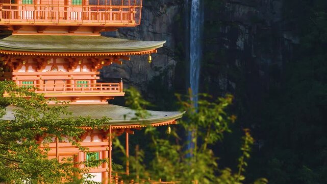 Nachi Katsuura, Pagoda and Waterfall at Sunrise, Establishing Shot, Japan
