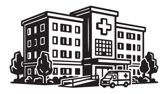 Hospital building with ambulance and trees in black outline icon illustration