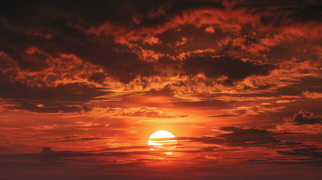 Fiery red sunset over dramatic cloudy sky,