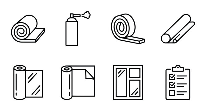 Building Insulation Materials Set: Rolls, Spray Foam, Window, Checklist Icons