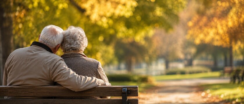 .Back view of a loving senior couple embracing while sitting on a wooden bench in a sunny autumn park. National Grandparents Day and International Day of Older Persons concept. Wide banner