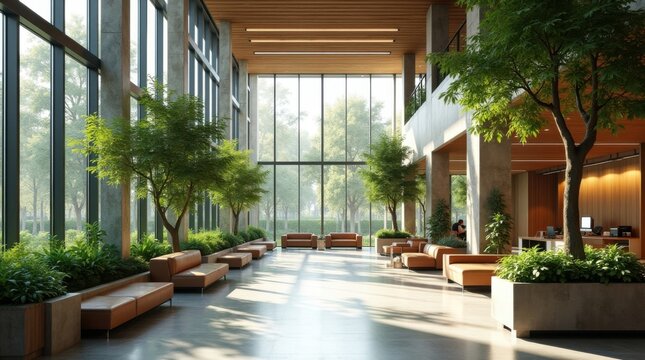 Una oficina corporativa moderna y espaciosa dise&ntilde;ada bajo principios biof&iacute;licos, con ventanales de suelo a techo que inundan de luz el interior