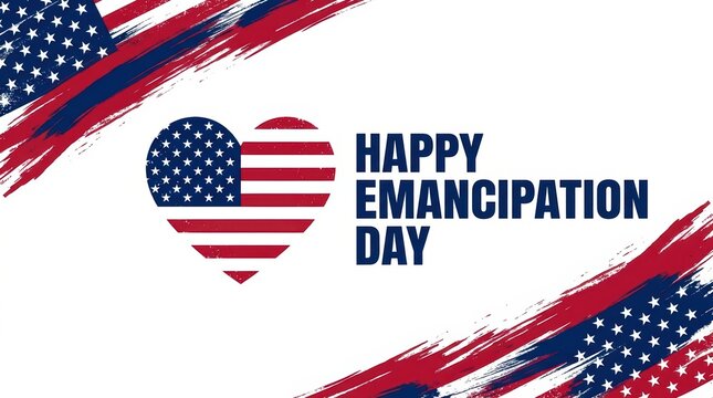 Happy emancipation day greeting card with a heart shape american flag pattern and artistic brush strokes