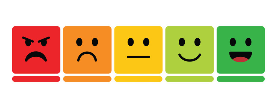 Emoticon Mood Scale. A row of colorful square emoticons displays a spectrum of emotions from anger to joy, representing a satisfaction meter or customer feedback scale.