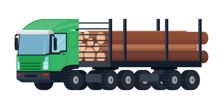 Vector illustration of a logging truck towing a trailer full of logs, concept of transporting wood products in the logging industry
