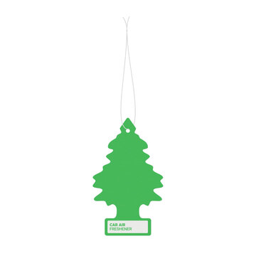 Illustration of a hanging car air freshener in the shape of a green tree, used in cars to add fragrance.