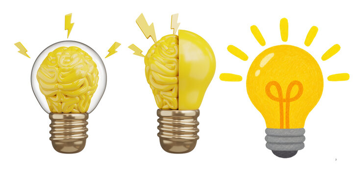 Creative brain lightbulb evolution, human intelligence concept, yellow glowing light bulb idea progression on white background